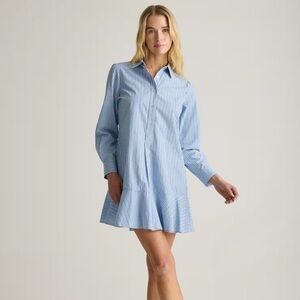 Quince Striped Light Blue Shirt Dress with Ruffle Hem